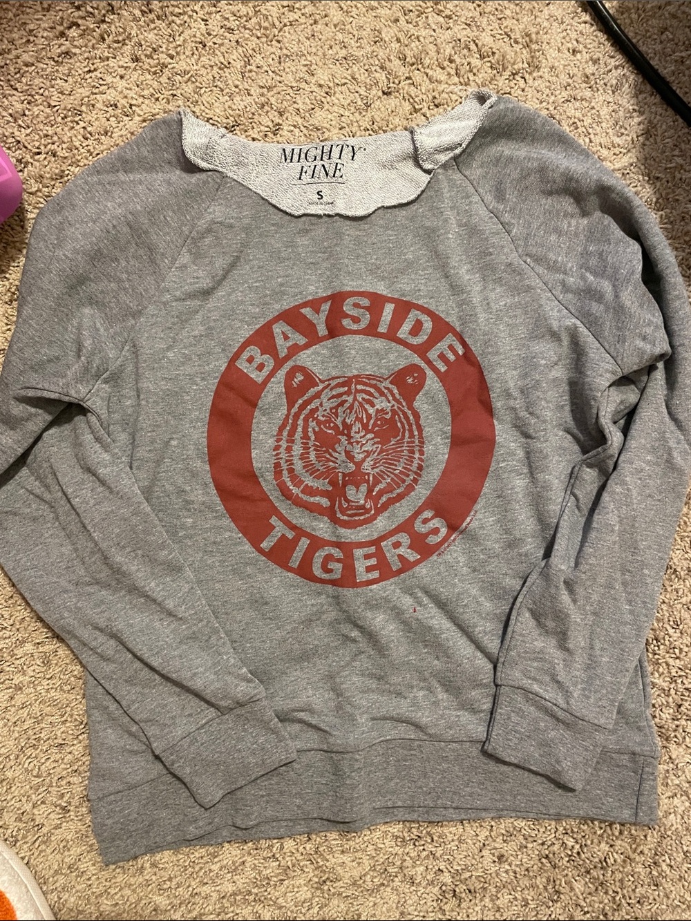 Mighty Fine Gray Crewneck with Red Bayside Tigers Graphic